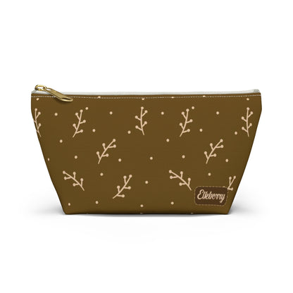 Big Bottom Zipper Pouch - Cream Berry Branches on Mustard Background