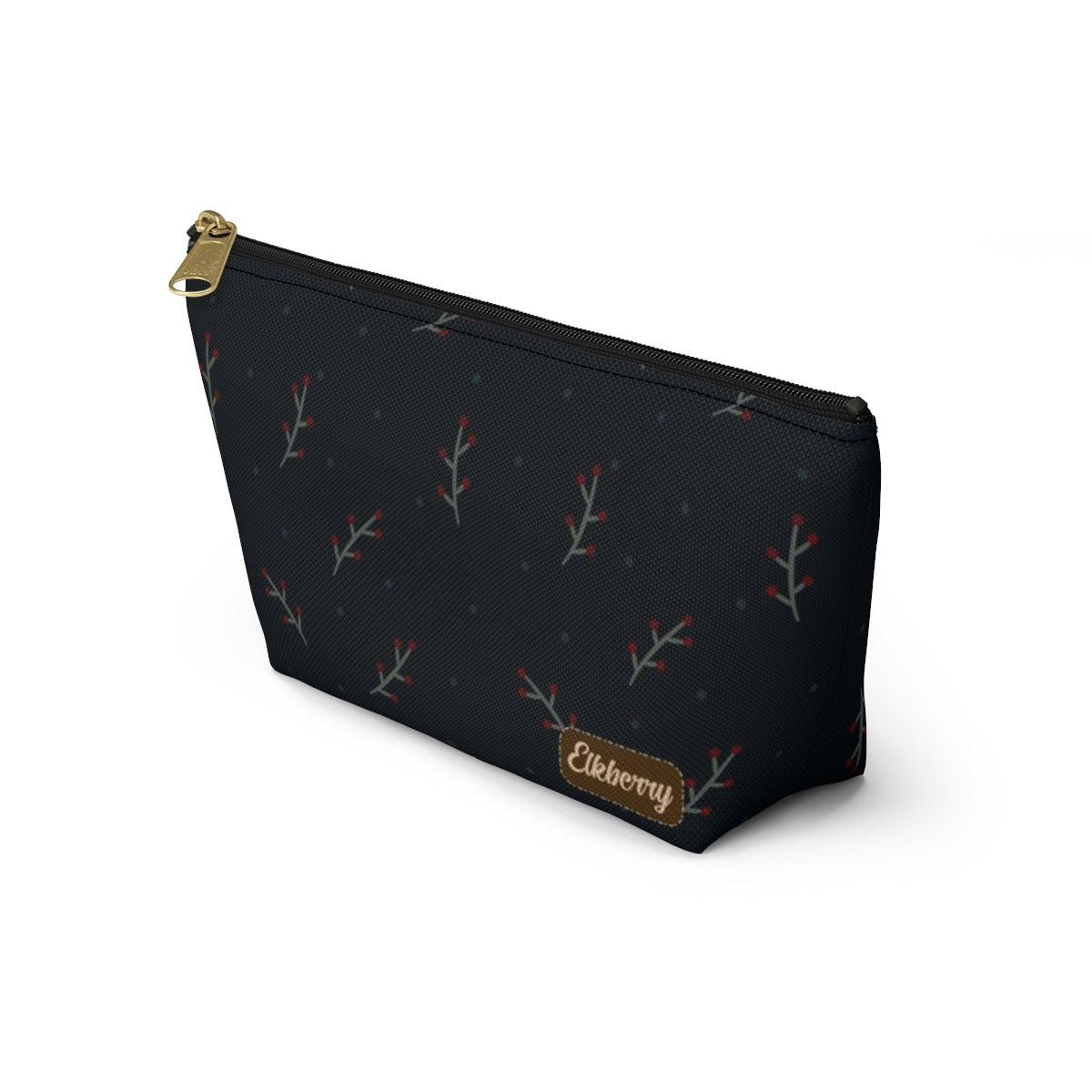 Big Bottom Zipper Pouch - Berry Branches on Navy Background