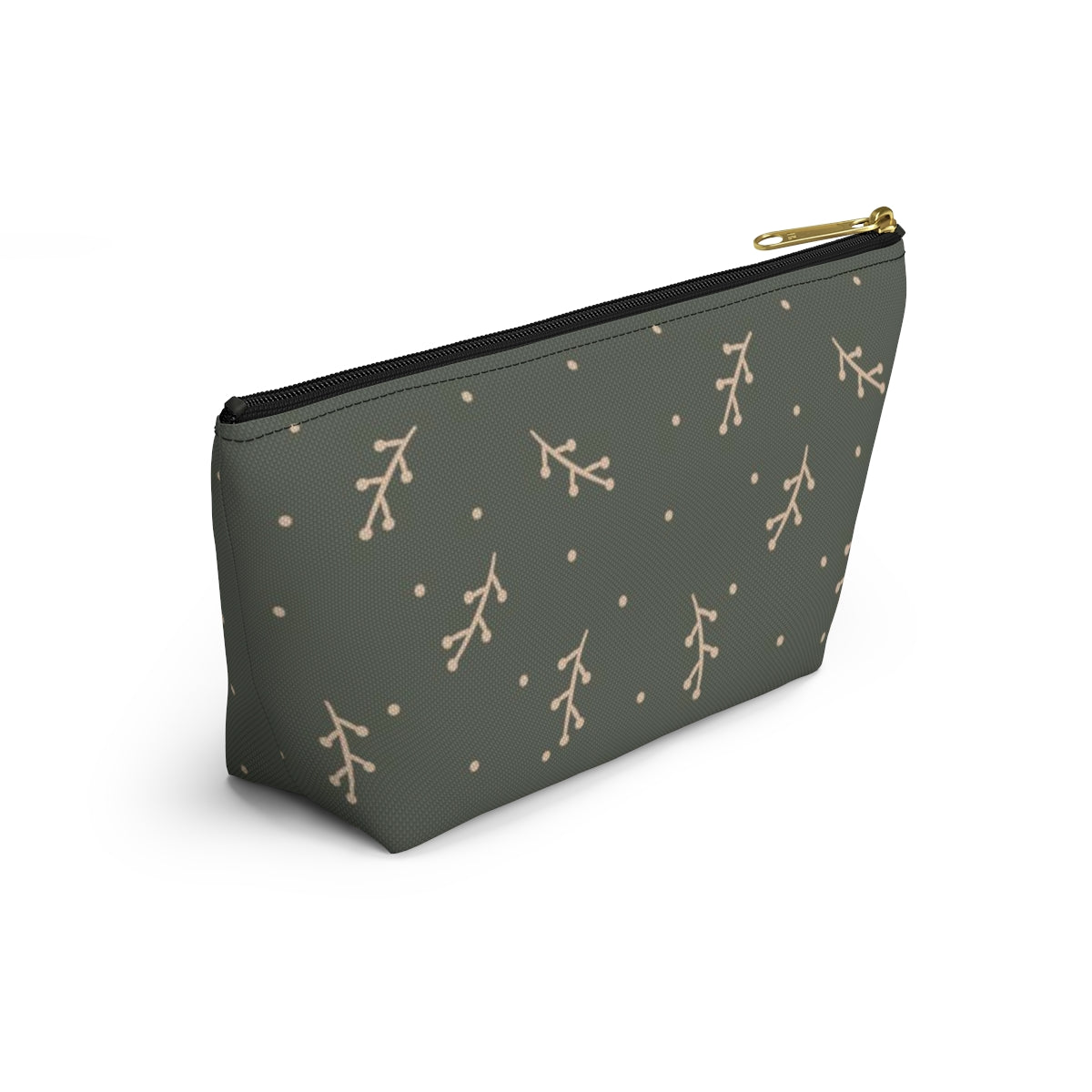 Big Bottom Zipper Pouch - Cream Berry Branches on Olive Background