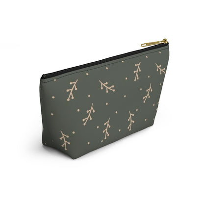 Big Bottom Zipper Pouch - Cream Berry Branches on Olive Background