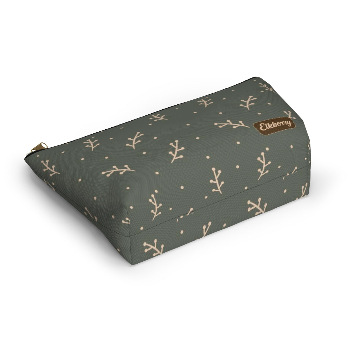 Big Bottom Zipper Pouch - Cream Berry Branches on Olive Background