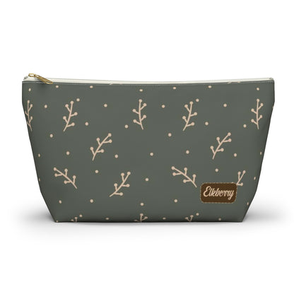 Big Bottom Zipper Pouch - Cream Berry Branches on Olive Background