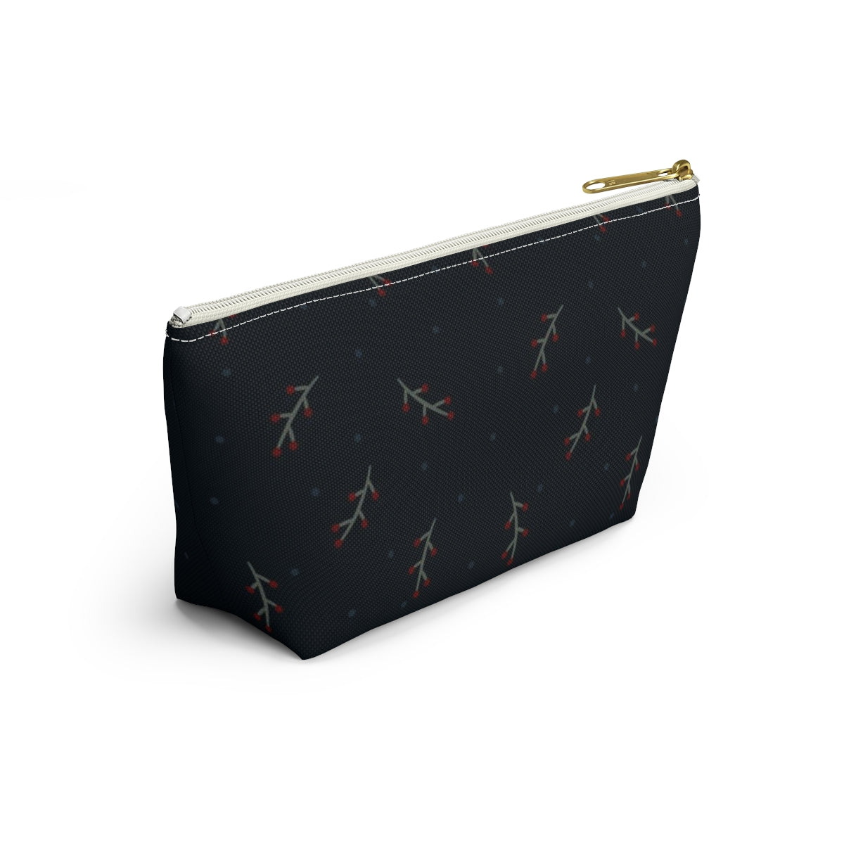 Big Bottom Zipper Pouch - Berry Branches on Navy Background