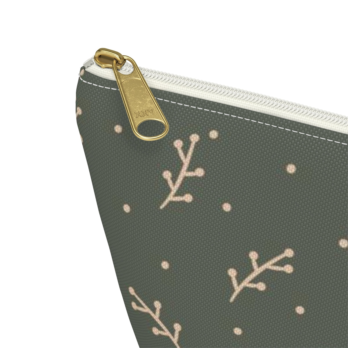 Big Bottom Zipper Pouch - Cream Berry Branches on Olive Background