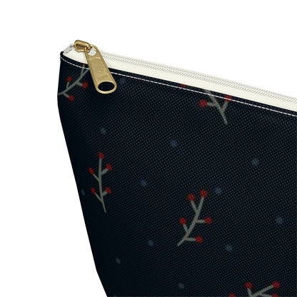 Big Bottom Zipper Pouch - Berry Branches on Navy Background