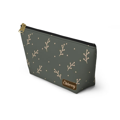 Big Bottom Zipper Pouch - Cream Berry Branches on Olive Background