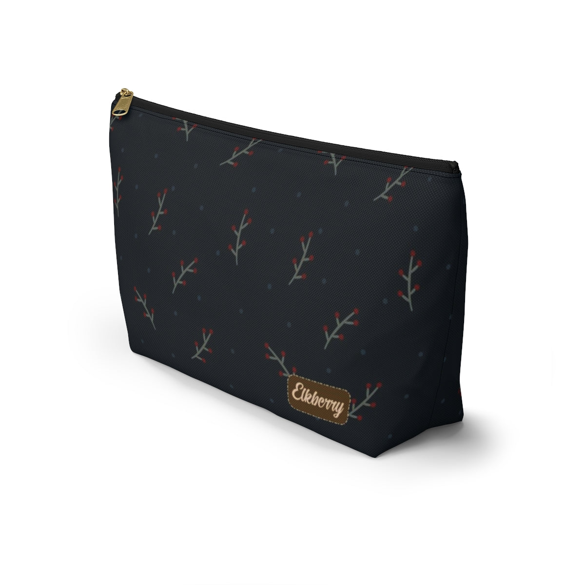 Big Bottom Zipper Pouch - Berry Branches on Navy Background