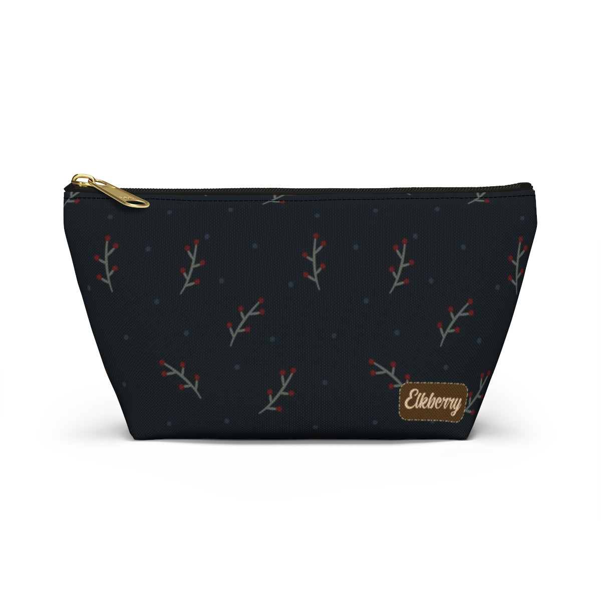 Big Bottom Zipper Pouch - Berry Branches on Navy Background