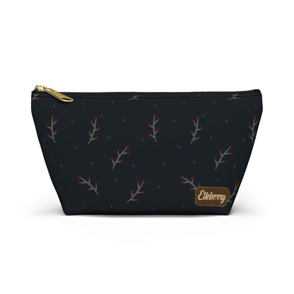Big Bottom Zipper Pouch - Berry Branches on Navy Background