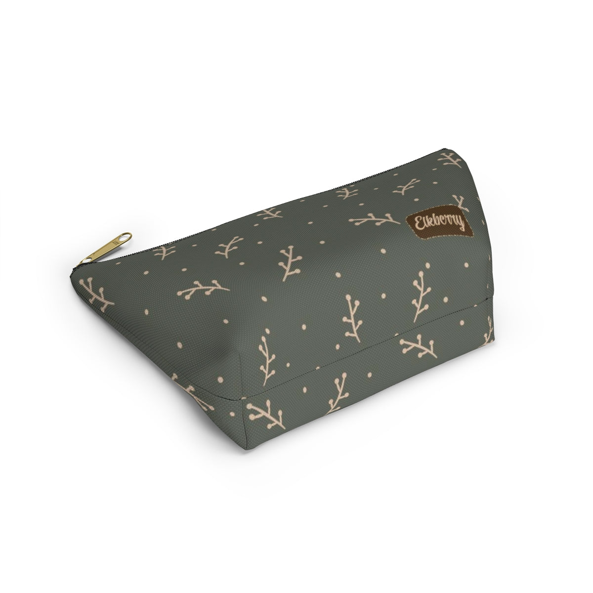 Big Bottom Zipper Pouch - Cream Berry Branches on Olive Background