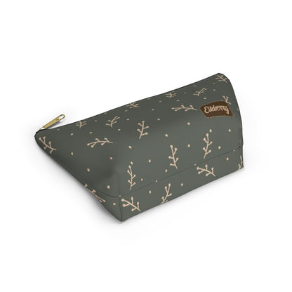 Big Bottom Zipper Pouch - Cream Berry Branches on Olive Background