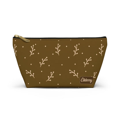 Big Bottom Zipper Pouch - Cream Berry Branches on Mustard Background