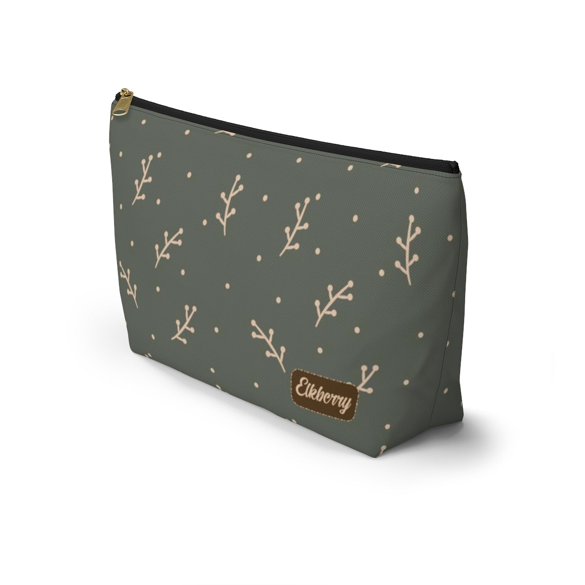 Big Bottom Zipper Pouch - Cream Berry Branches on Olive Background