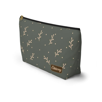 Big Bottom Zipper Pouch - Cream Berry Branches on Olive Background