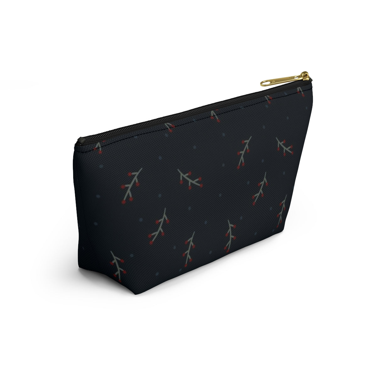 Big Bottom Zipper Pouch - Berry Branches on Navy Background