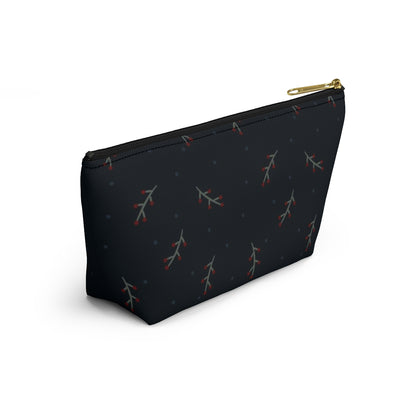 Big Bottom Zipper Pouch - Berry Branches on Navy Background