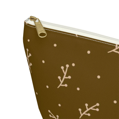 Big Bottom Zipper Pouch - Cream Berry Branches on Mustard Background