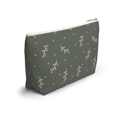 Big Bottom Zipper Pouch - Cream Berry Branches on Olive Background